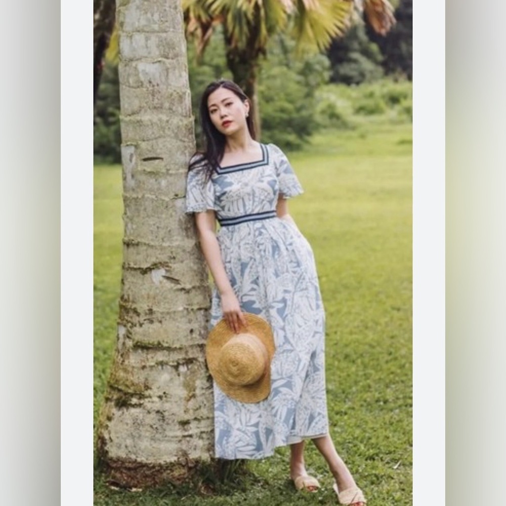 BODEN 10P Floral Stripe blue square neck flutter sleeve 100% cotton maxi dress